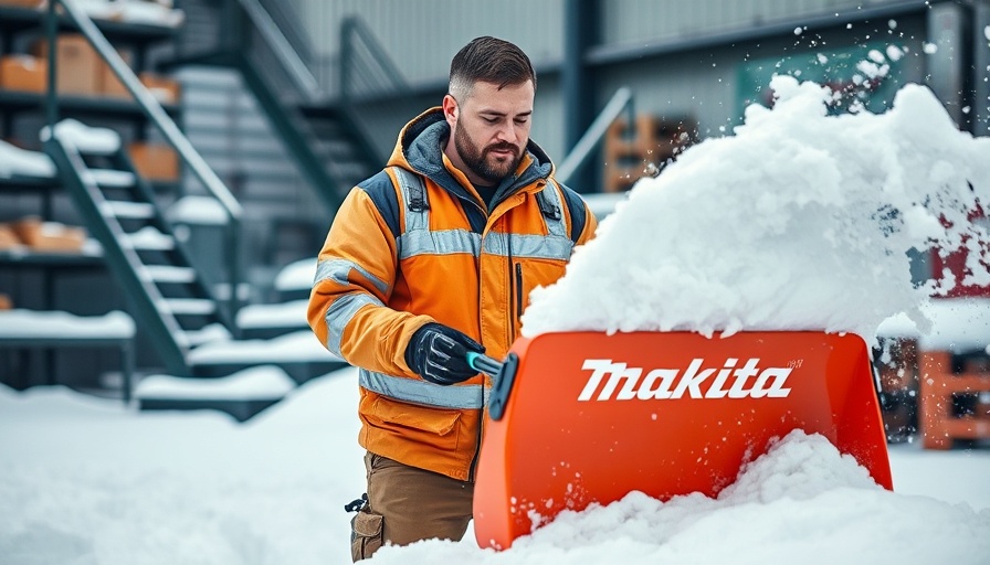 Man using Makita Snow Shovel Attachment outdoors.