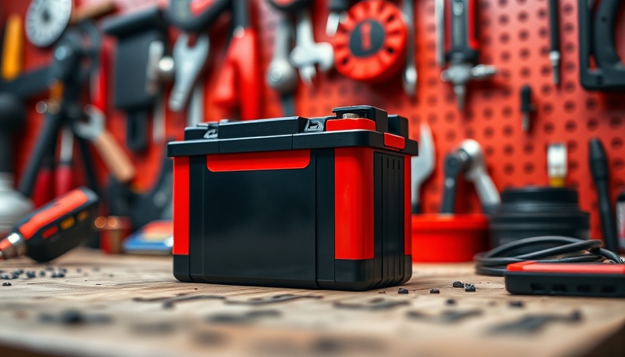 High-Energy Battery Recycling Program red and black battery on workbench.