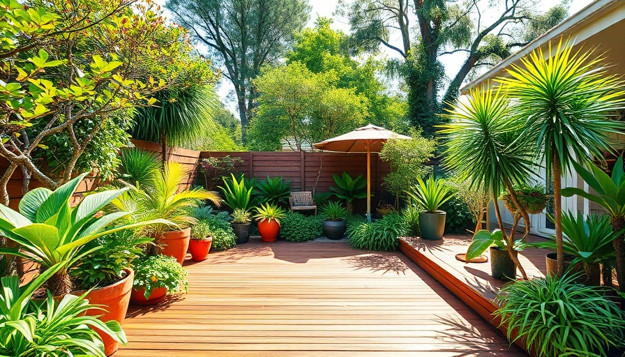 Eco-friendly backyard landscaping with wooden deck and greenery.