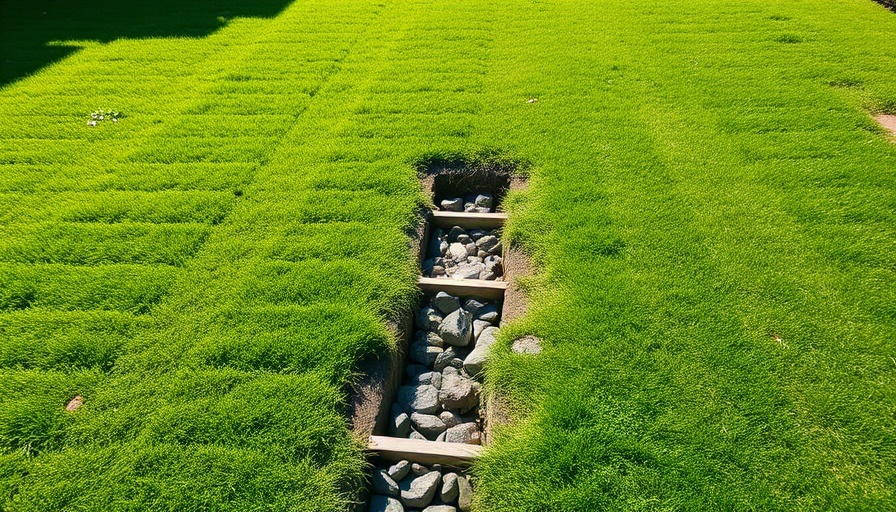 Lush green yard with drainage rocks addressing common yard drainage problems.