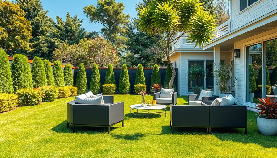 Modern backyard landscaping trends with lush garden and furniture.