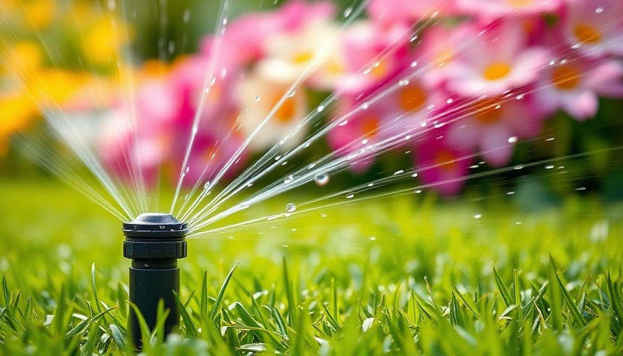 Smart garden irrigation systems watering lush green lawn with flowers.