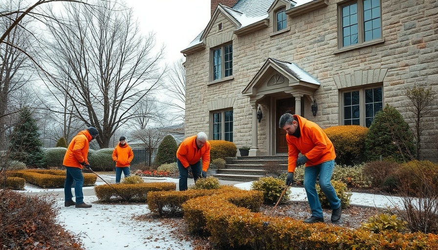 Winter landscaping benefits demonstrated by landscapers at work in garden.