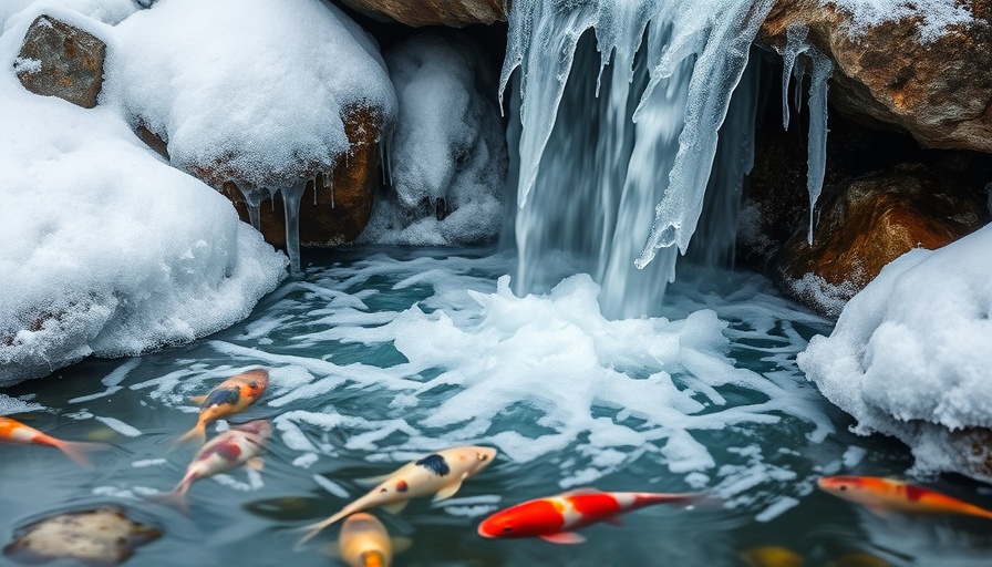 Frozen waterfall over koi pond, winter maintenance in Arlington.