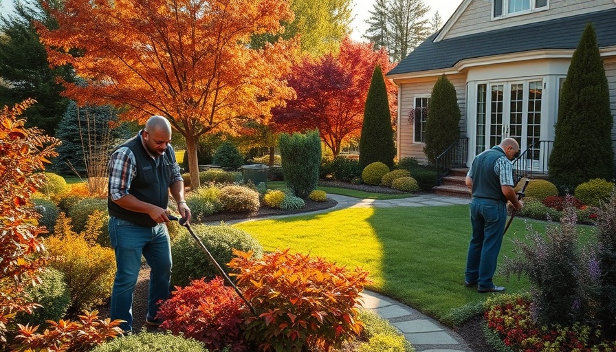 Professional landscapers working in a scenic garden near a suburban home