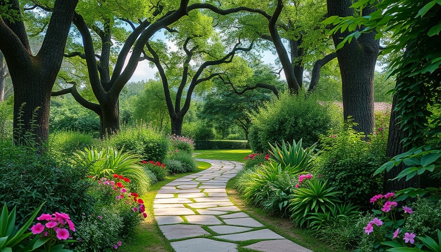 Adaptive landscaping services in a lush garden with a stone pathway.