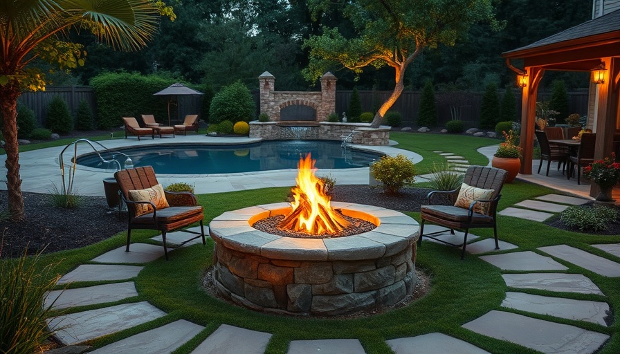 Beautiful backyard landscape with fire pit and pool.