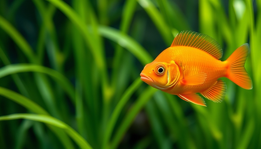 Vibrant orange fish swimming among lush green plants, highlighting sustainable fish breeding practices.