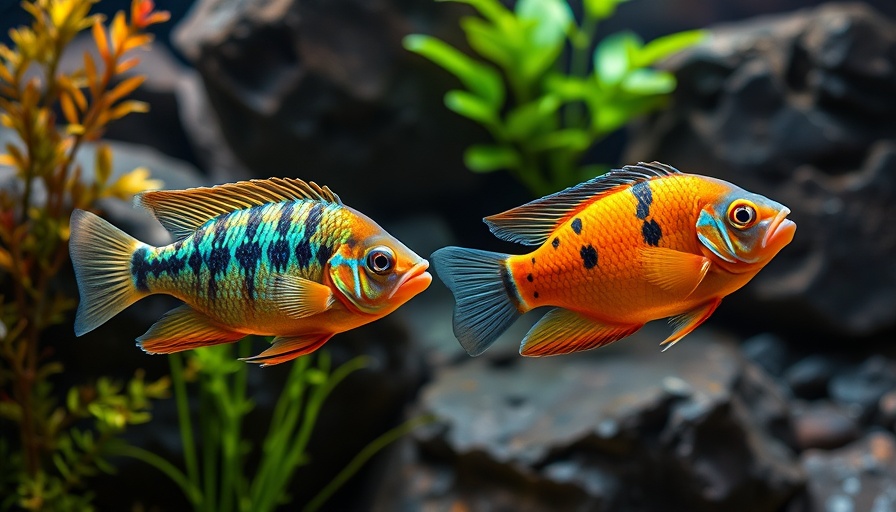 Cichlids in bare-bottom tank with plants and rocks.