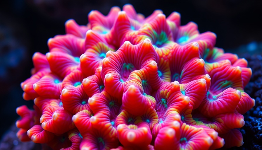 Colorful Scolymia coral collection under fluorescent light.