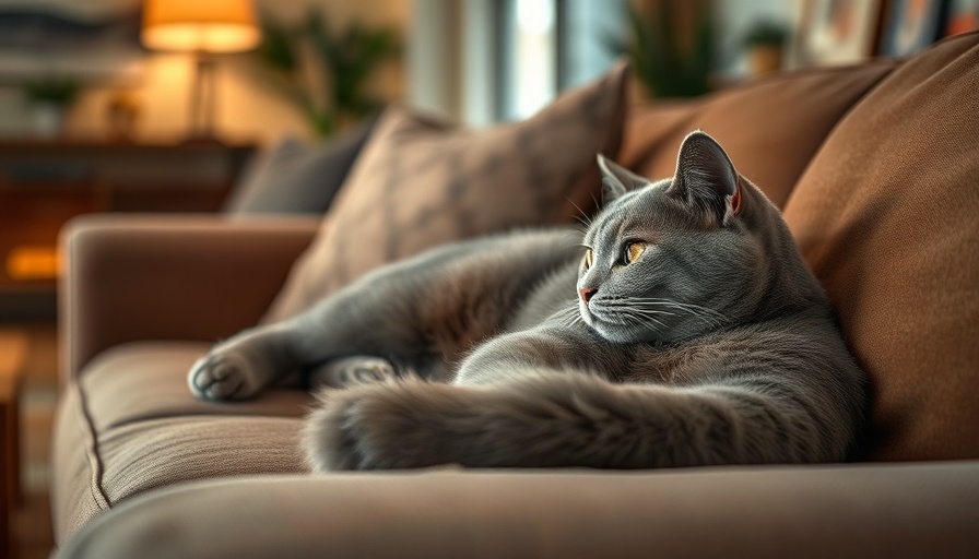 Cozy gray cat lounging on a sofa, warm lighting atmosphere.