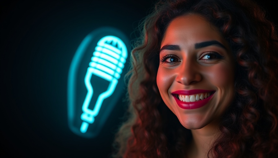 Smiling woman and neon microphone sign, tips for selling homes.