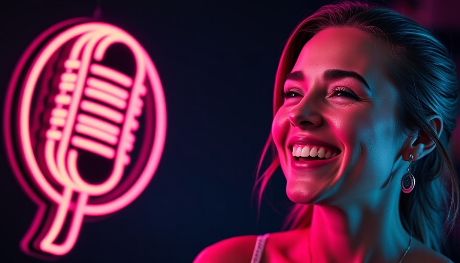 Smiling woman beside a neon microphone logo on a black background.