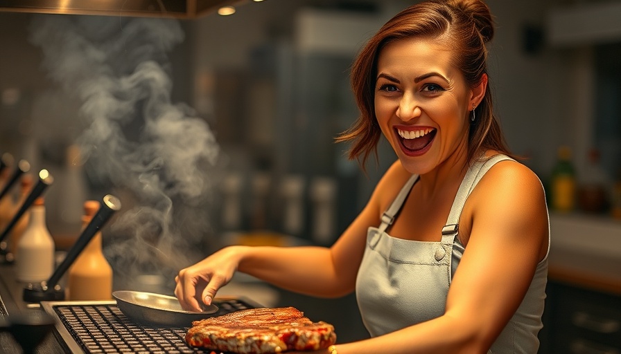 Energetic woman celebrating BBQ culture while grilling in a kitchen.