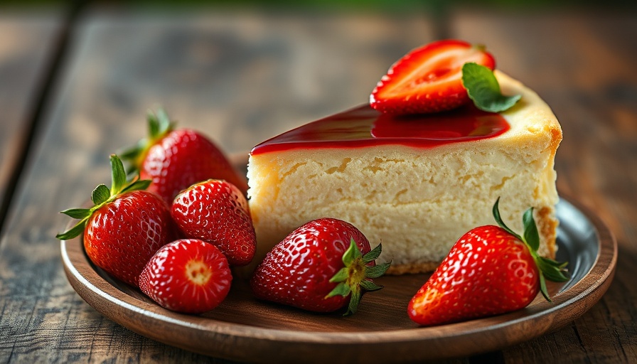 Delicious cheesecake with fresh strawberries on a wooden table.