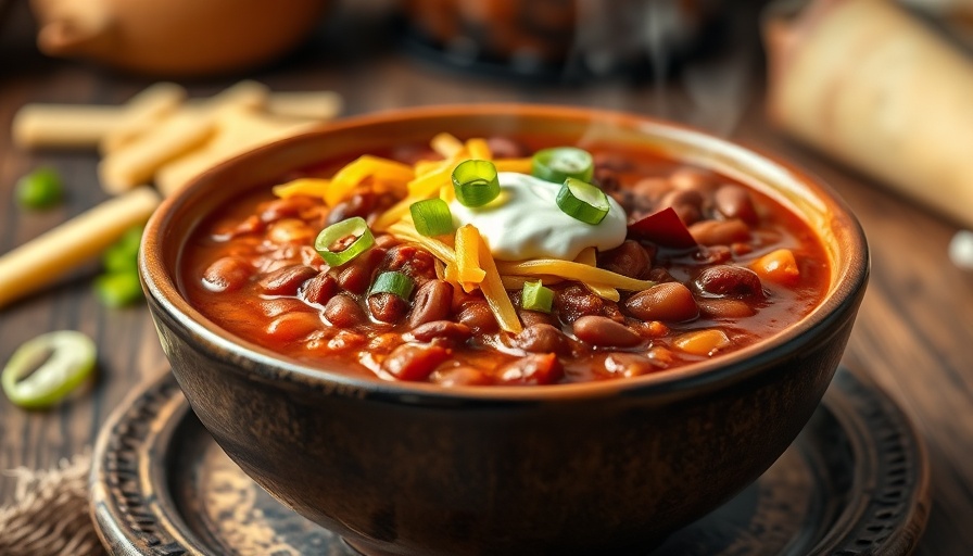 Best chili recipe with chocolate, topped with cheese and onions.