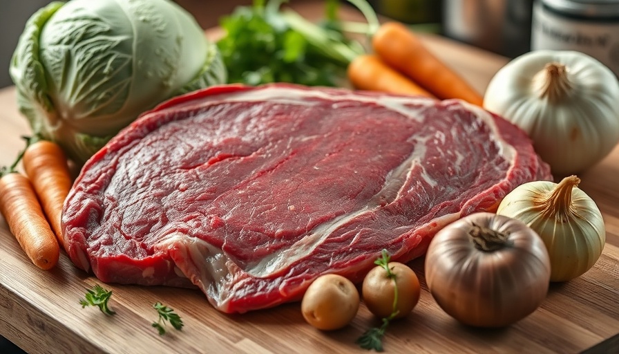 Raw corned beef ingredients on wooden board: cabbage, carrots, potatoes, onion.