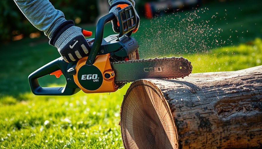 Best Outdoor Power Tools EGO 56V Batteries in action cutting log.