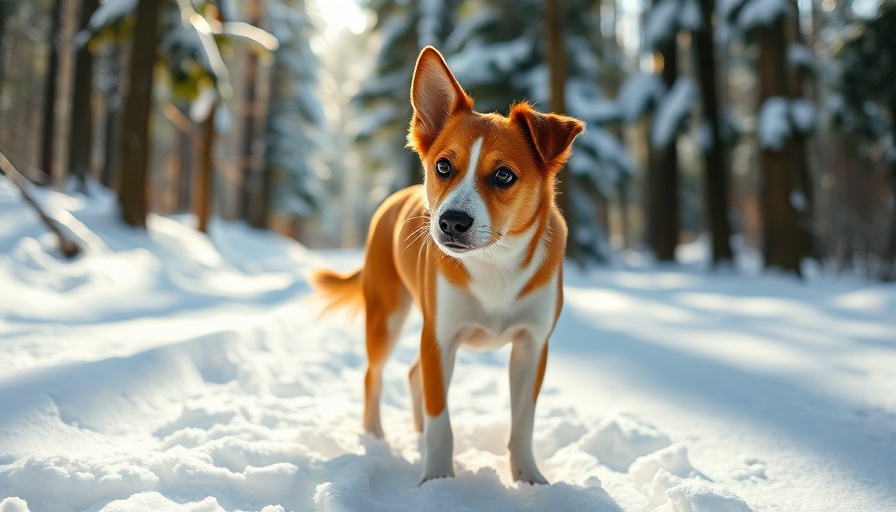 Dog standing in snowy forest, showcasing nature's serenity.