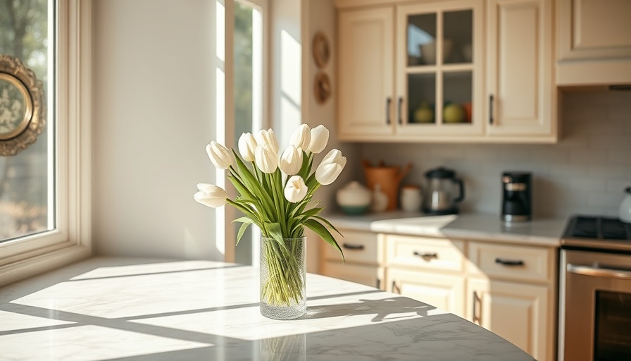 Realistic faux tulips in a cozy kitchen corner with marble countertop.