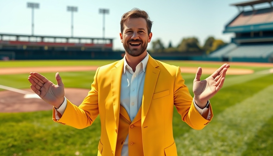 Equip Exposition keynote speaker in yellow suit on baseball field.