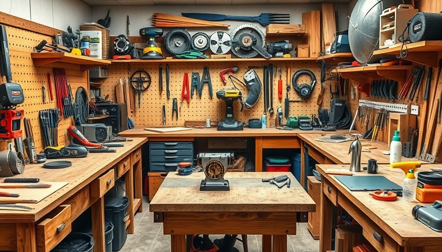 Diverse workbenches for DIYers displaying tools and accessories.