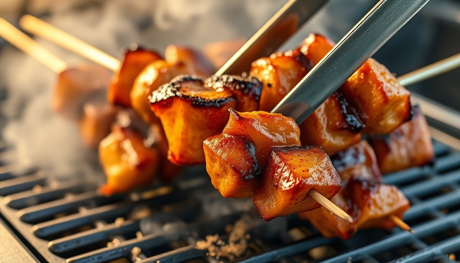 Skewers on griddle for outdoor cooking with tongs.