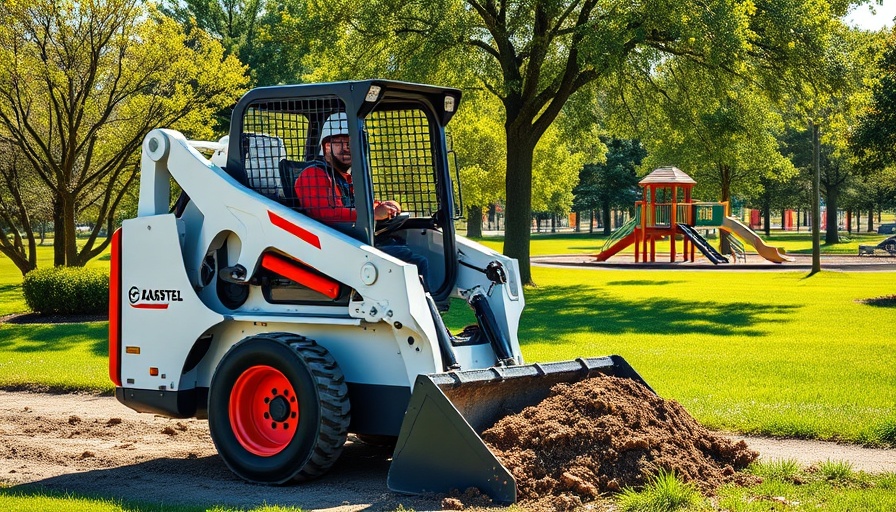 Bobcat social media campaign benefits local parks, skid-steer loader in park landscape.