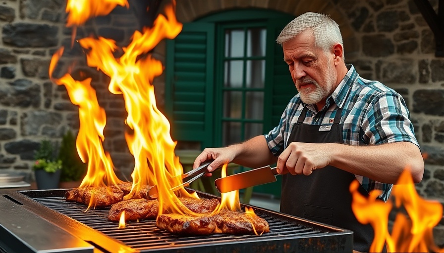 Mature man demonstrating Meathead Method for grilling with tall flames.