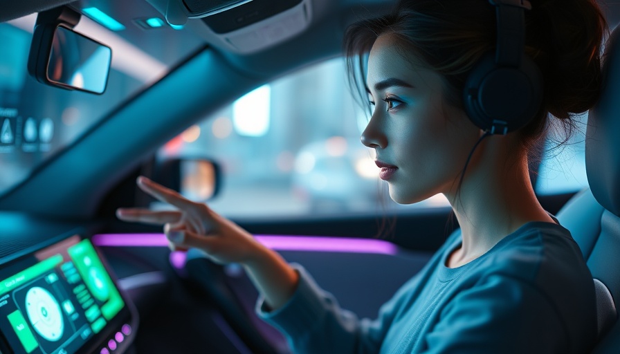 Woman using holographic interface in car highlighting car subscription services.