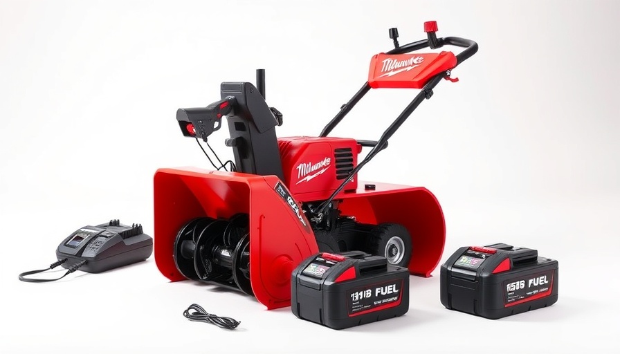 Milwaukee M18 FUEL snow blower with charger and batteries in studio shot.