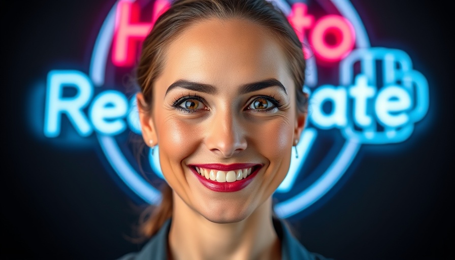 Smiling woman with neon logo related to insurance in Oklahoma