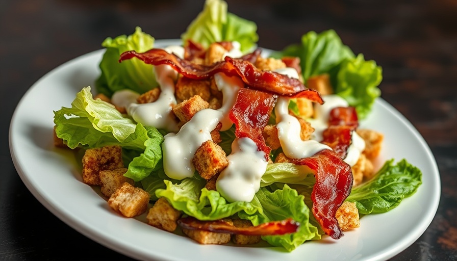 Vibrant salad with bacon jerky, croutons, and creamy dressing