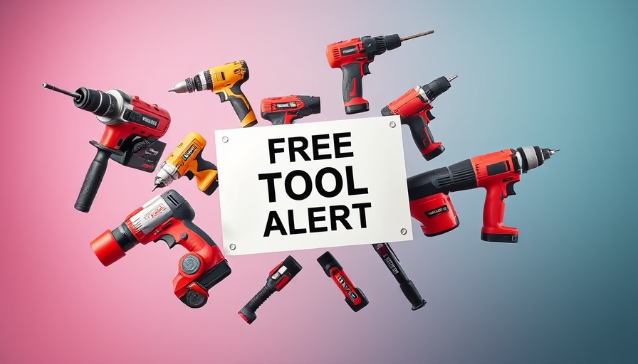 Free Tools in July: Various power tools with a promo sign.
