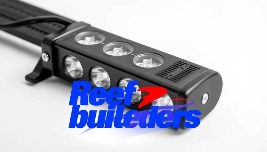 LED lighting unit with reefbuilders review logo.