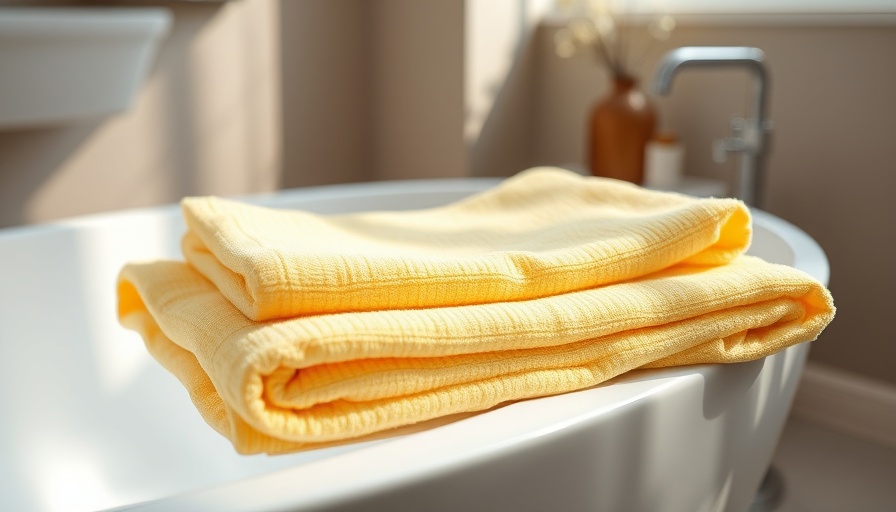 Yellow cotton towels on bathtub, cozy bathroom.