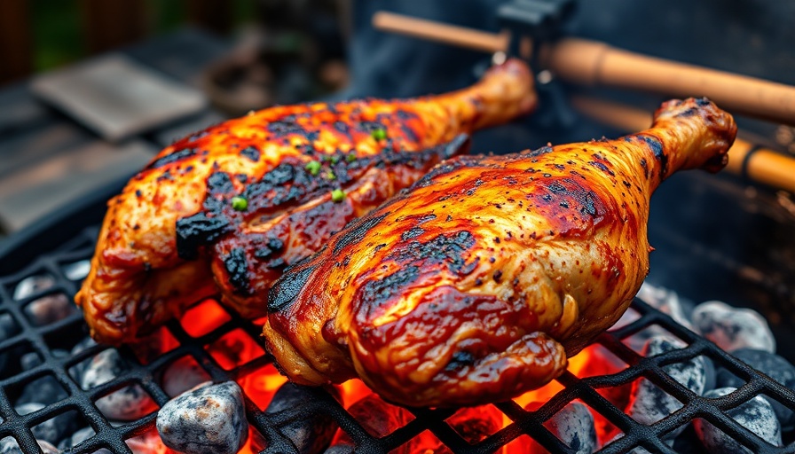 Authentic Jamaican jerk chicken grilling at home on barbecue.