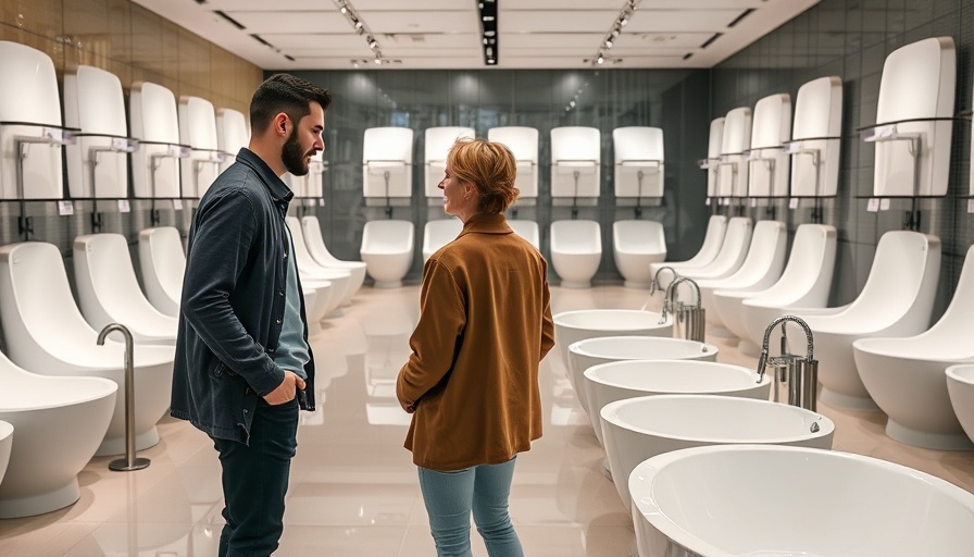 Couple in showroom buying a new bathtub, discussing options.