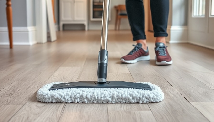 Modern mop cleaning vinyl plank floor, athletic shoes visible.