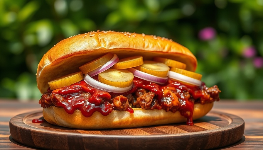 Juicy McRib sandwich on a wooden table with pickles and onions.