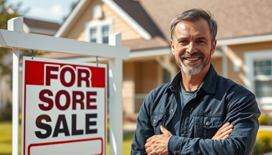 Smiling man beside a For Sale sign, real estate concept.