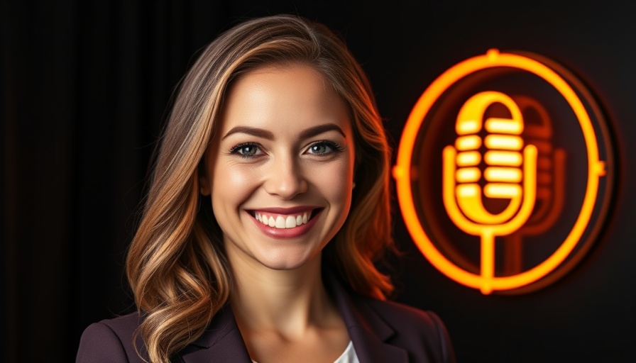 Portrait of a real estate agent with neon microphone logo, Security Systems in Real Estate.