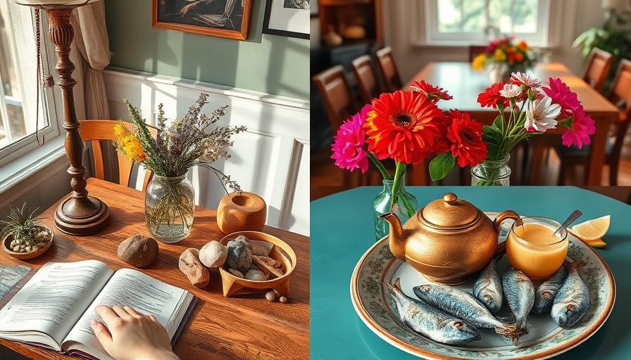 Eclectic home treasures collage: decor, food, flowers, stones