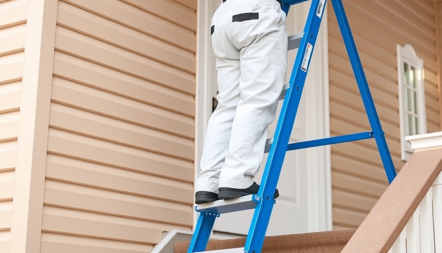 Proper ladder safety on stairs with worker in overalls.