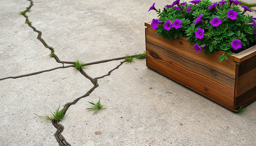 Weathered driveway with cracks and purple flowers nearby.