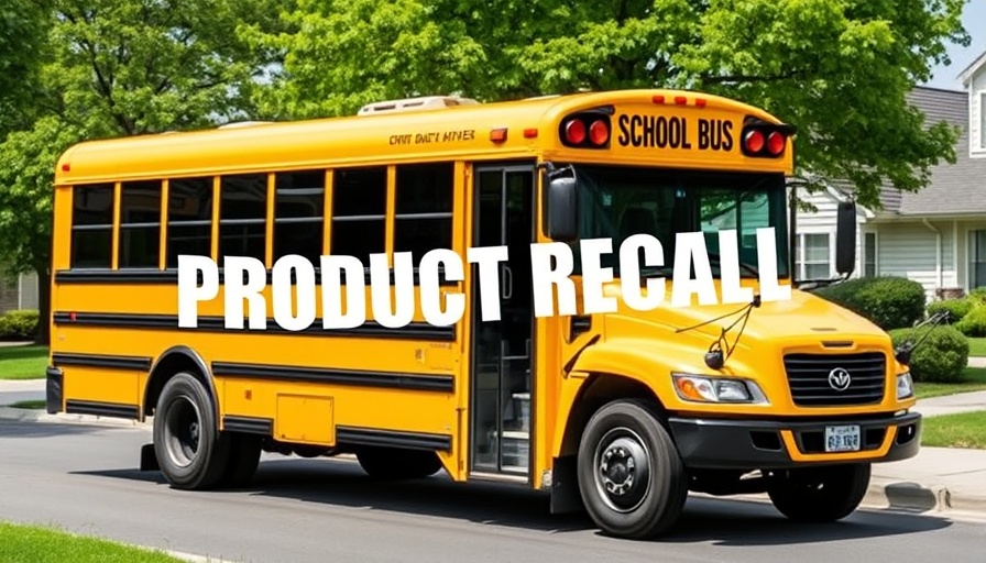 Yellow school bus recalled for fire risk, product recall notice visible.