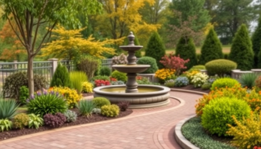 Elegant garden with fountain and pathway for fall hardscaping projects.