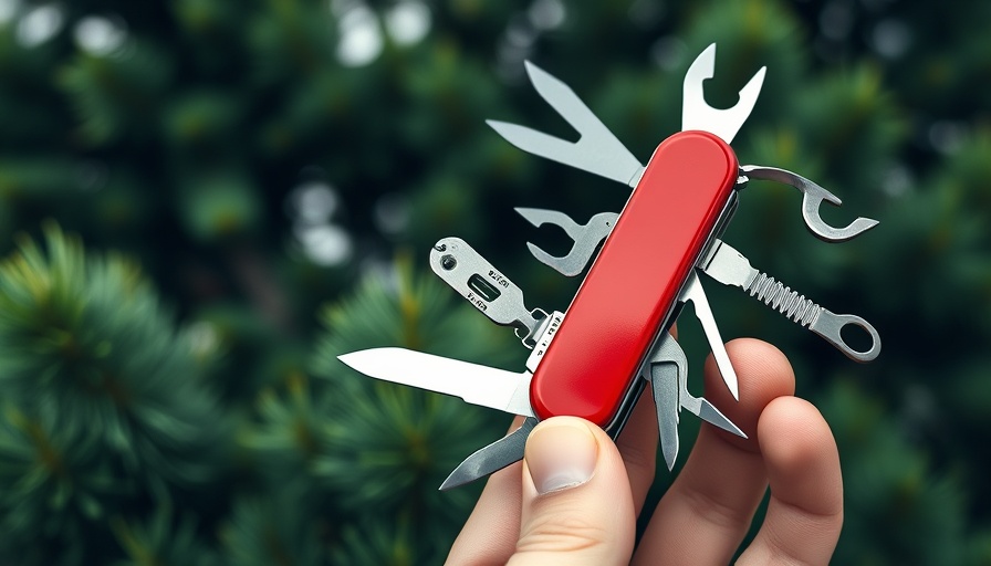 Swiss Army knife with tools open held by hand outdoors.