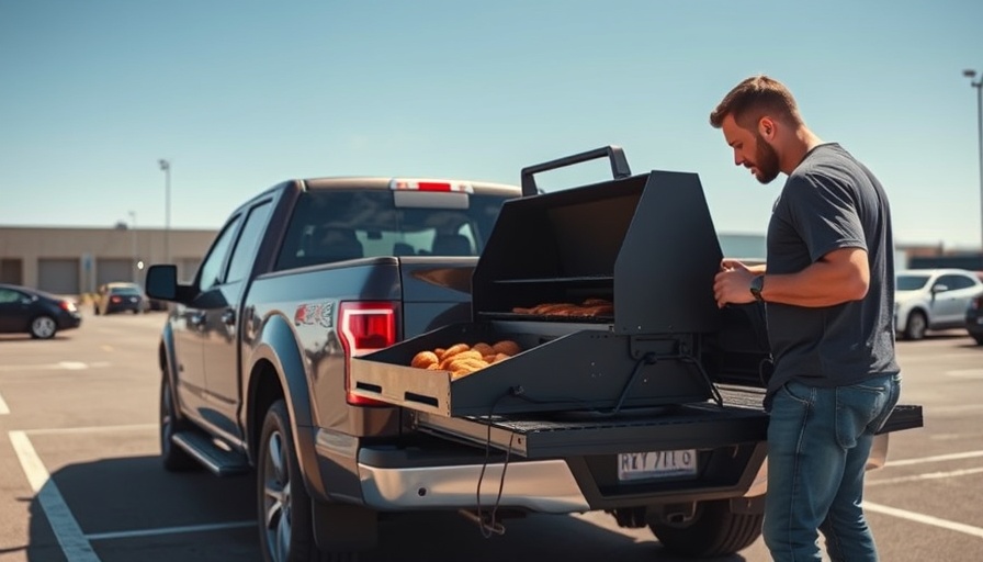 Hitchfire grill in use attached to a pickup truck during outdoor tailgating.