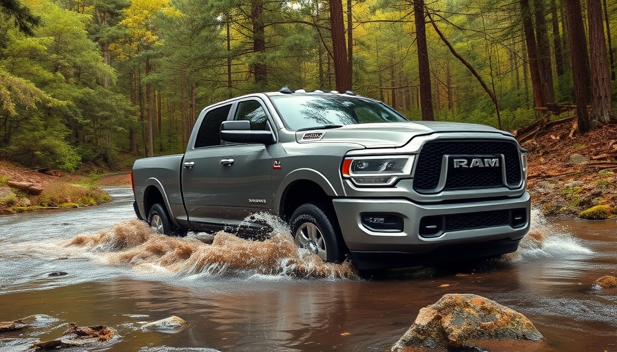 2026 Ram 2500 HD truck driving through forest stream.